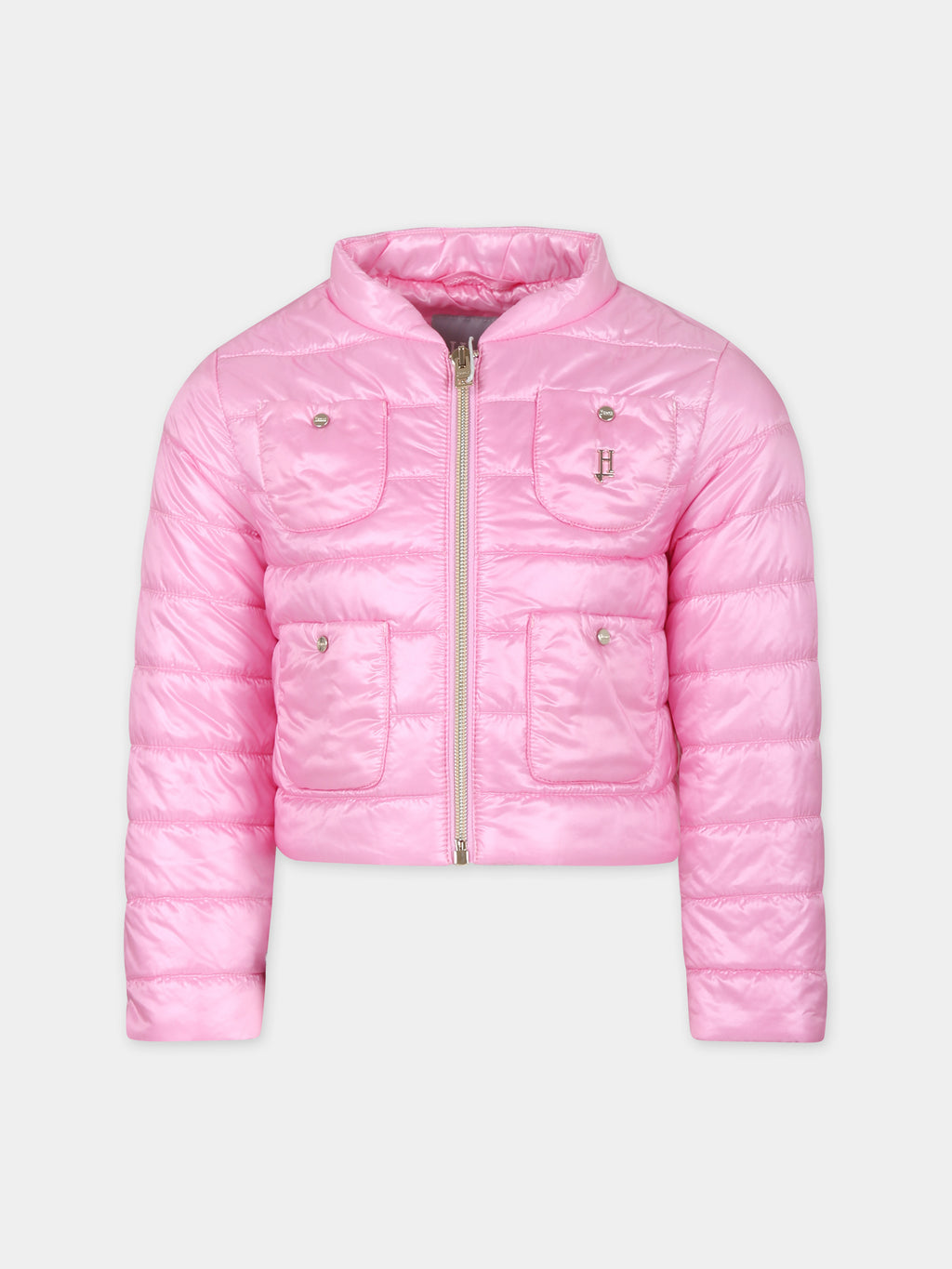 Pink short down jacket for girl with logo